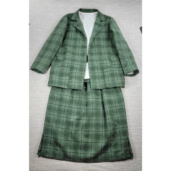 Vintage Handmade Wool Skirt Suit Green Plaid 2 Piece Set Elastic Waist Pockets - Picture 1 of 15
